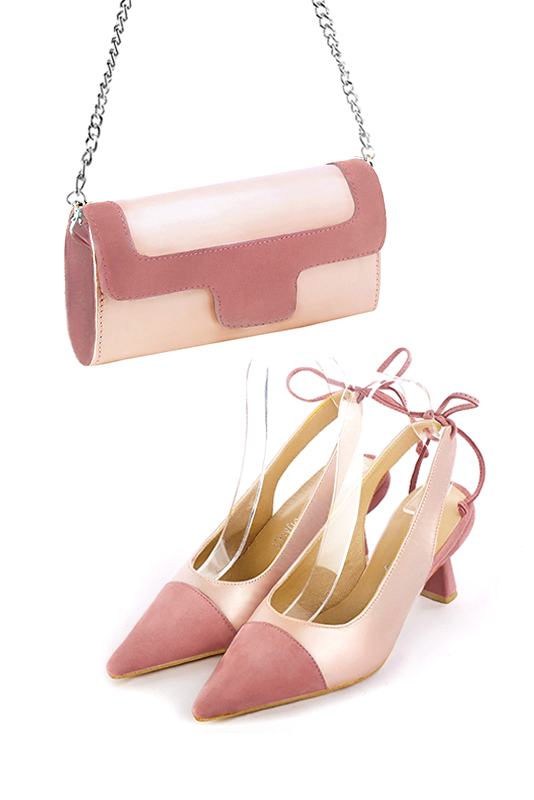 Dress clutch for wedding and parties in powder pink and dusty rose pink leather - Worn view
